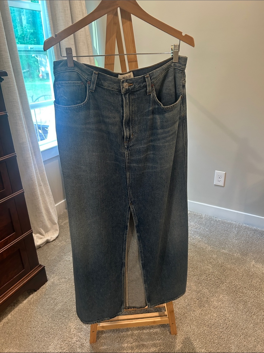 Agolde Dark Wash Denim Maxi Skirt with Front Slit